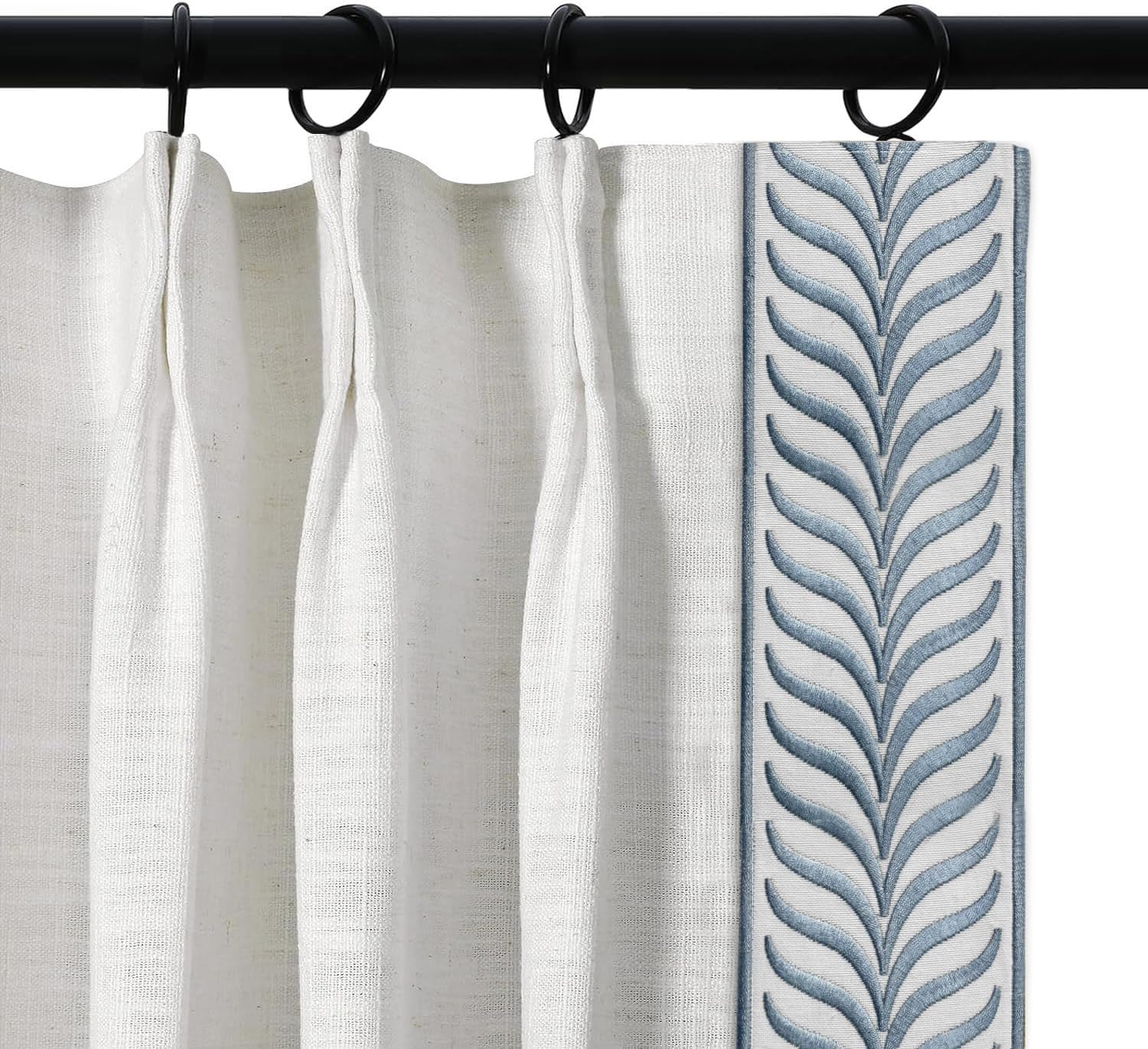 82 inch Pinch Pleated Drapes with Blue Embroidered Trim Faux Linen Pinch Pleat Lined Curtains 2 Panels Set for Sliding Glass Door, 40W x 82L, Beige White V2