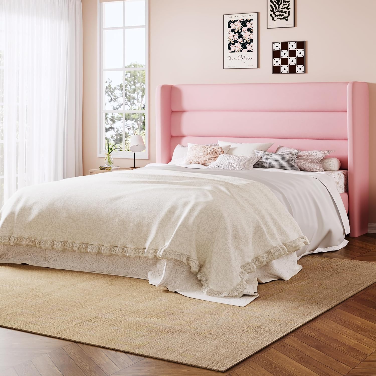 Allewie Full Size Platform Bed Frame with Velvet Upholstered Wingback Headboard, No Box Spring Needed, Under Bed Storage Space, Strong Wooden Slats, Modern Mattress Foundation, Easy Assembly, Pink