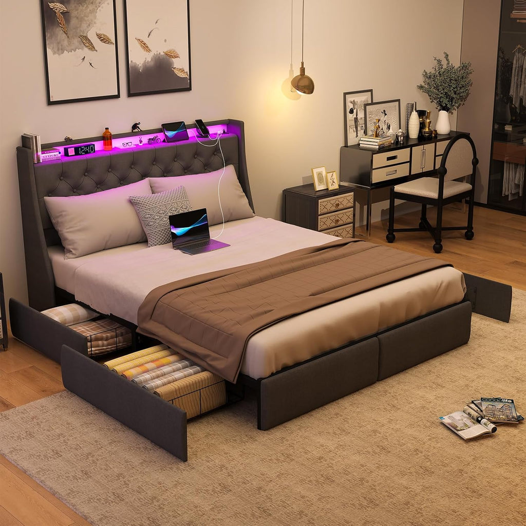 SADENICEL Queen Bed Frame with Storage Headboard, Metal Platform Bed Frame Queen Size with 4 Drawer, LED Light, Charging Station, No Box Spring Needed, Noise Free, Easy Assembly, Grey