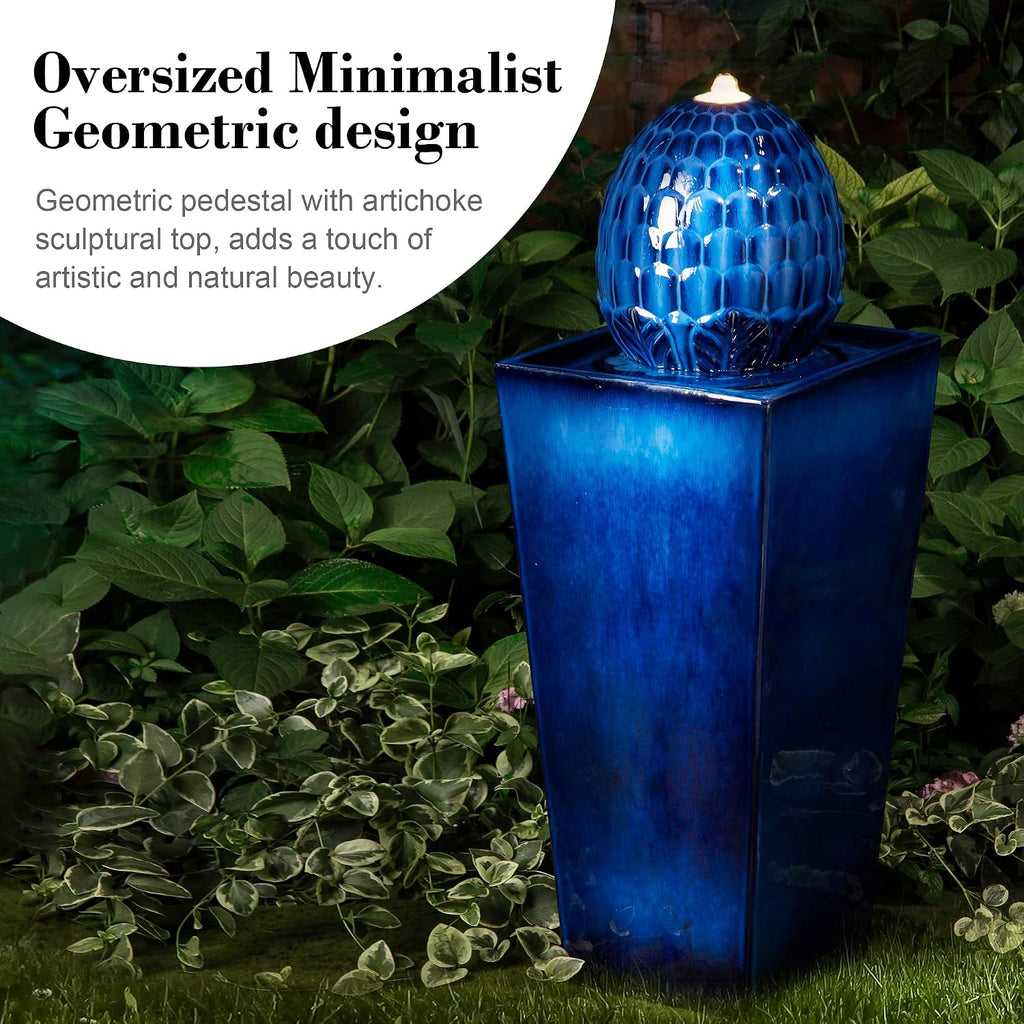 Glitzhome Ceramic Outdoor Water Fountain with LED Light, Oversized Artichoke Pedestal Water Fountains with Submersible Pump, Patio Fountain Waterfall for Garden Patio Deck Porch, Cobalt Blue, 35.75' H