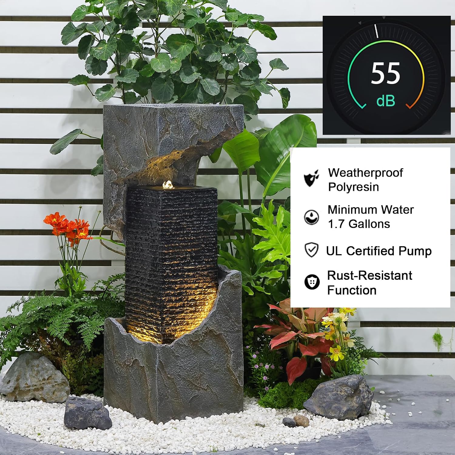 Water Fountain Outdoor Garden 35.4' H Modern Outdoor Fountains and Waterfalls with Lights Flooring Standing Indoor Water Fountains for Garden, Patio, Deck, Backyard, Porch and Home Art Decor