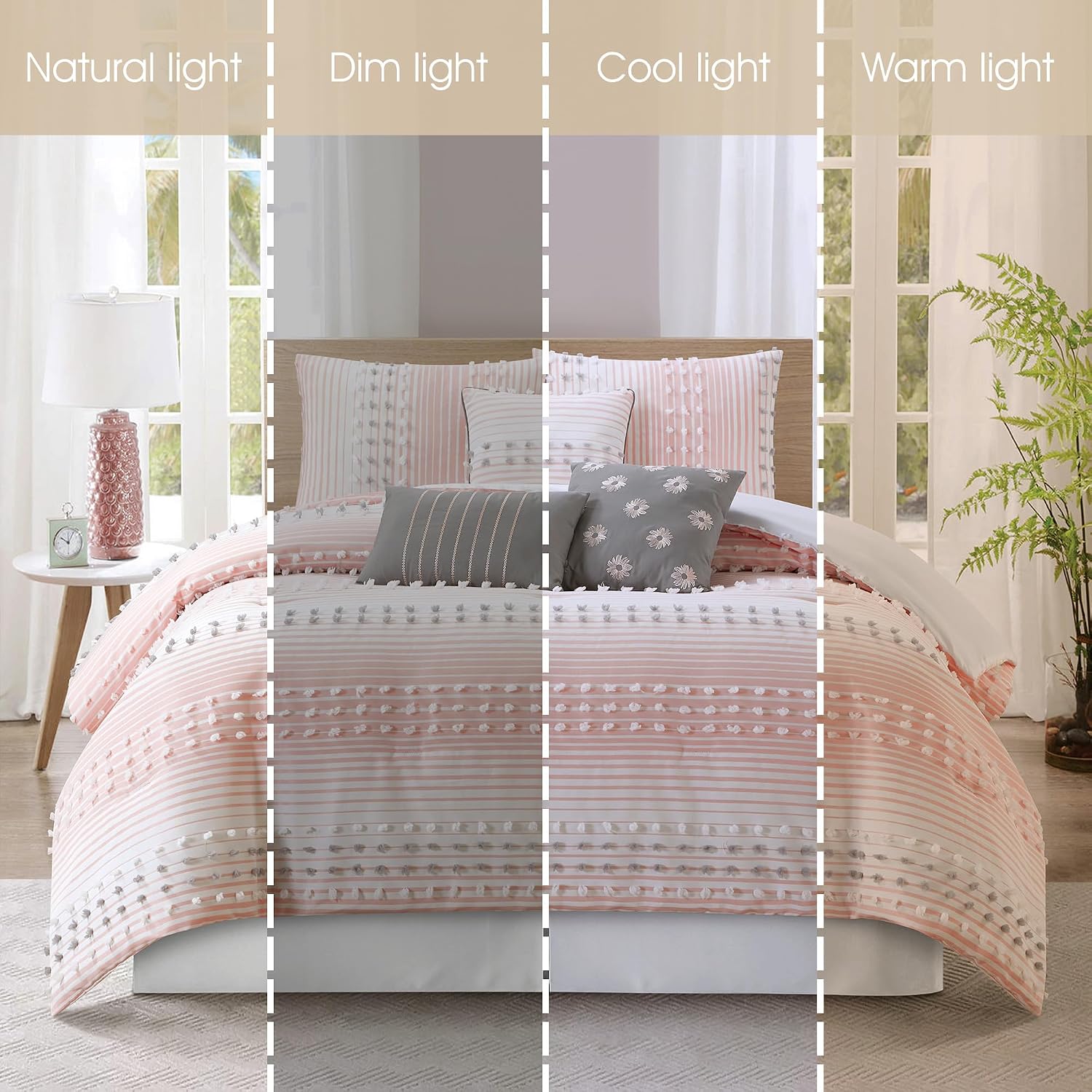 Grand Avenue Pink Striped Dots Cal King Comforter Set, 7 Piece, Jaquard & Clip Bedding Comforters & Sets, Bedskirt, Pillows & Shams, All Season Bedding Set