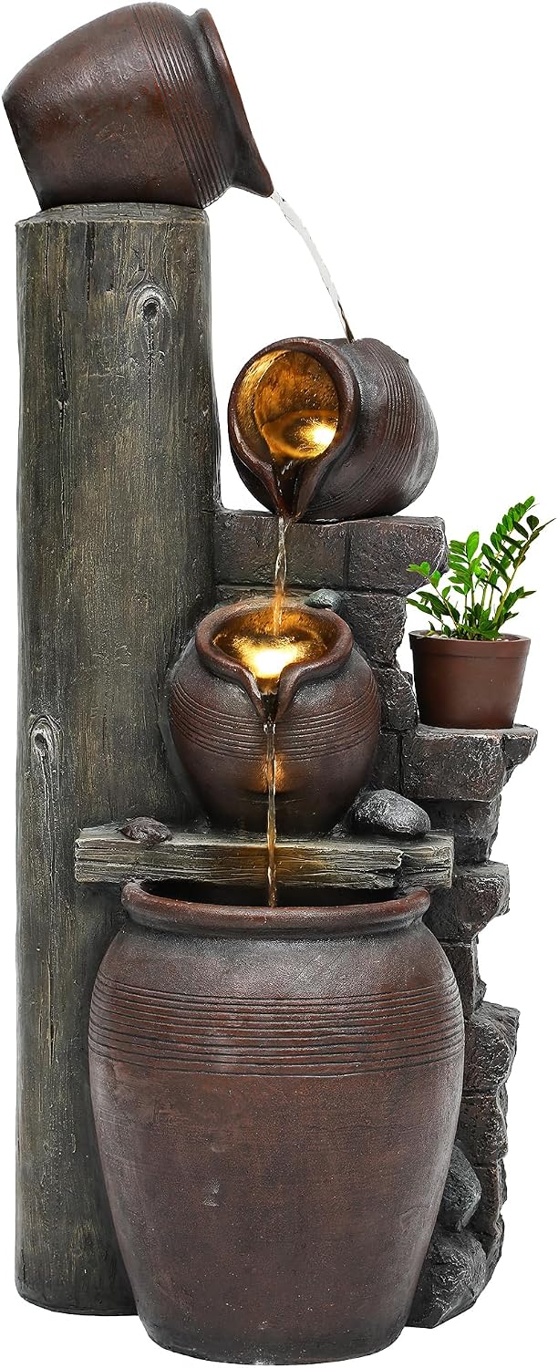 40' H Oversized Outdoor/Indoor Water Fountain with LED Lights and Pump, Cascading Pitchers Farmhouse Garden Fountain Waterfall for Patio, Porch, or Yard