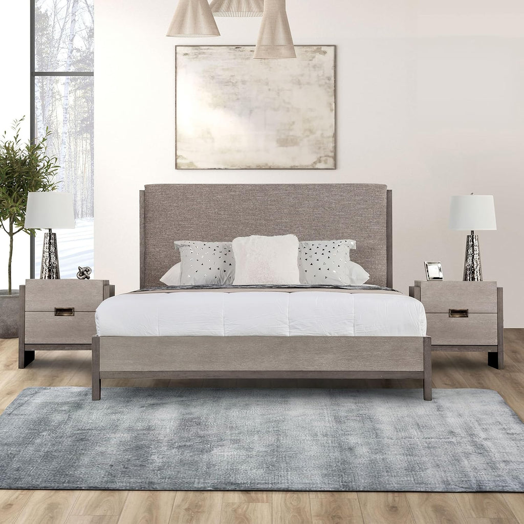 Furniture of America Burnett Solid Wood 3-Piece Bedroom Set, Queen-Size Bed with Padded Headboard and Felt-Lined Top Drawer Nightstand, Box Spring Required, Gray