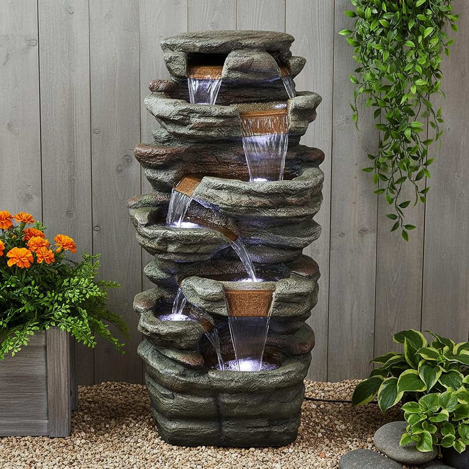 SunJet 48' High 7-Tiers Cascading Rock Outdoor Water Fountain with LED Lights - Large Outdoor Fountains and Waterfalls for Garden or Patio, Yard, and Deck Decor, Featuring Natural Stone Look