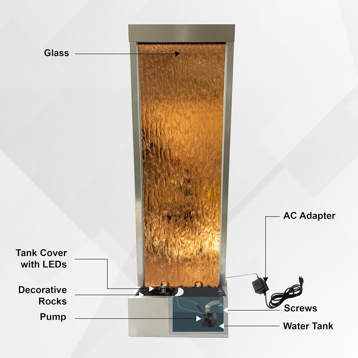 XBrand 68' H Freestanding Modern Waterfall Fountain, Aluminum & Clear Glass, LED Lights, Decorative Rocks, Auto Shut-Off Pump, Indoor/Outdoor, Bronze