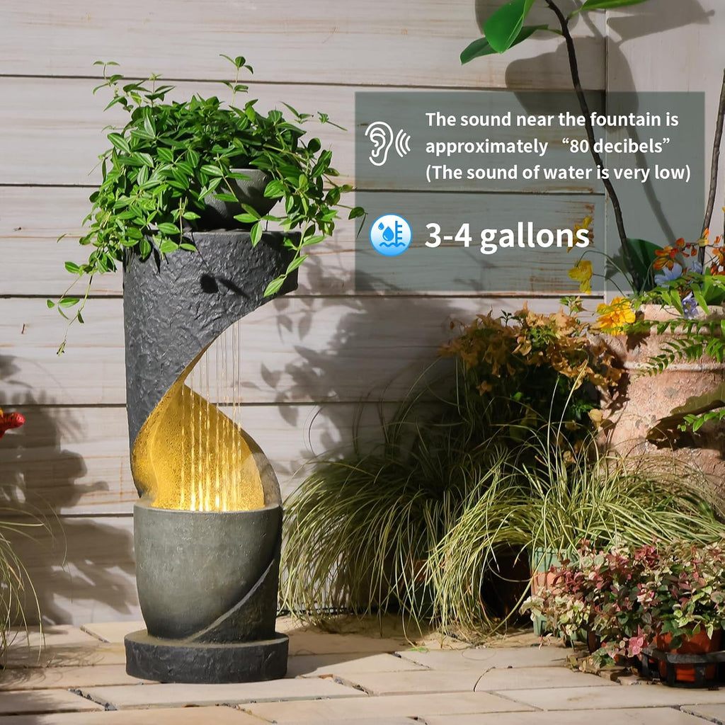 Tiered Outdoor Water Fountain, Modern Spiral Cascading Waterfall Fountain with Planter, Freestanding Resin Indoor Water Feature for Room, Garden, Patio, Deck, 31.5'H with Light Stone-Texture