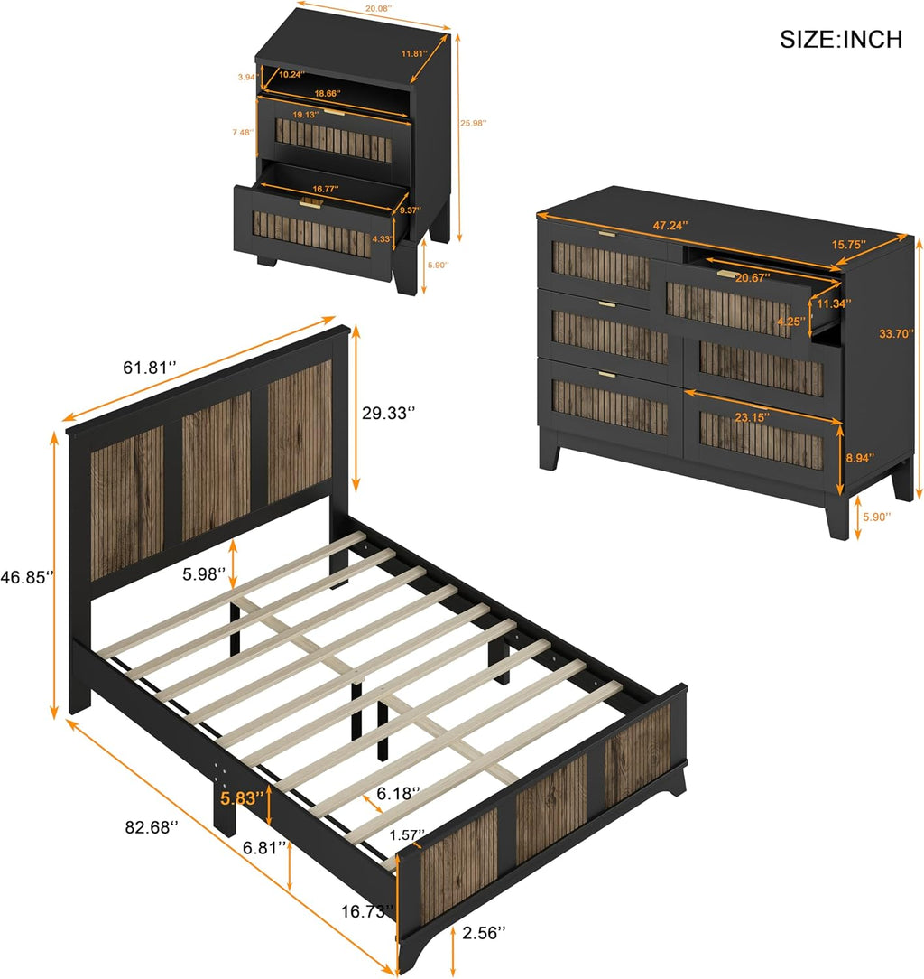 4-Pieces Bedroom Sets, Queen Size Farmhouse Platform Bed with Wooden Strip Decoration, 2 Storage Nightstands and A 6-Drawer Dresser with Metal Handle for Kids Teens, Black