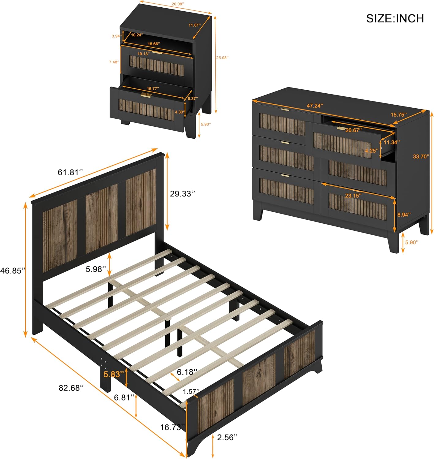 4-Pieces Bedroom Sets, Queen Size Farmhouse Platform Bed with Wooden Strip Decoration, 2 Storage Nightstands and A 6-Drawer Dresser with Metal Handle for Kids Teens, Black