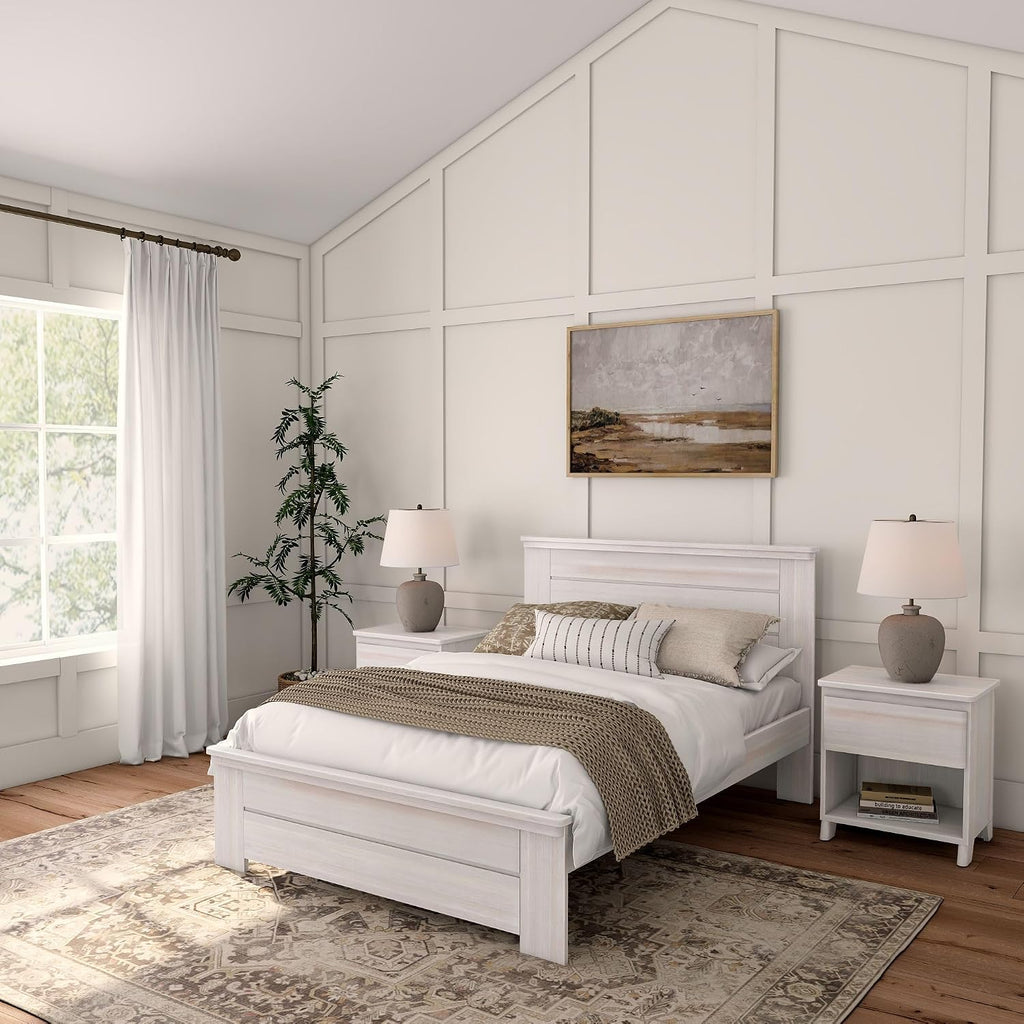 Plank+Beam Rustic Wood Full Bed Frame, Platform Bed with Headboard, Solid, White Wash