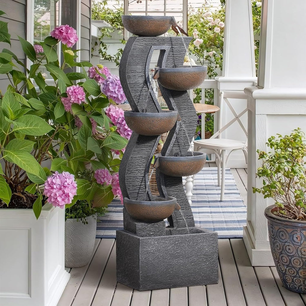 52.8' Tall Outdoor Water Fountain with Lights, 6-Tier Cascading Resin Waterfall Feature for Porch, Garden, Yard, Deck, Patio – Large Freestanding Outdoor Fountain and Waterfall Outside Decor
