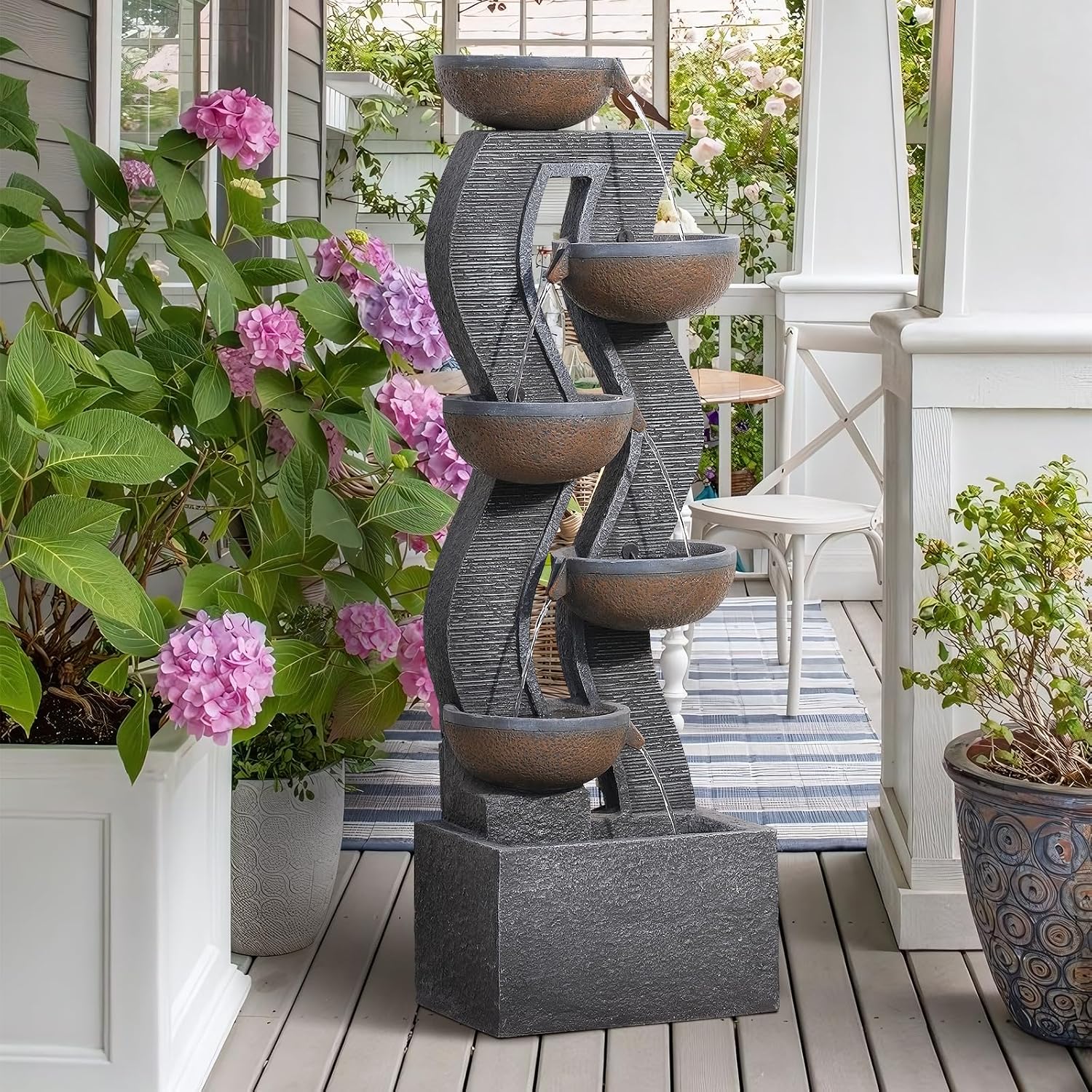 52.8' Tall Outdoor Water Fountain with Lights, 6-Tier Cascading Resin Waterfall Feature for Porch, Garden, Yard, Deck, Patio – Large Freestanding Outdoor Fountain and Waterfall Outside Decor