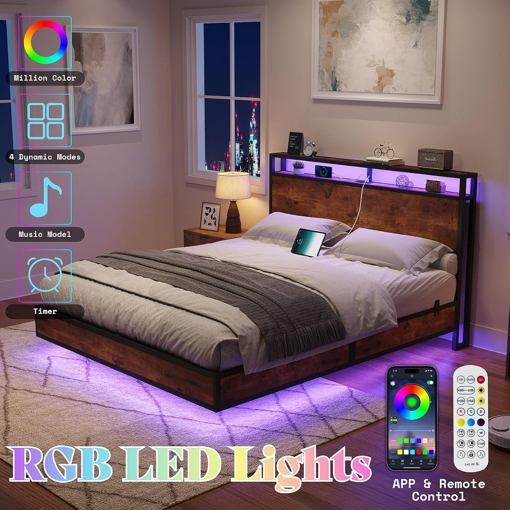 AMERLIFE Queen Size Floating Bed Frame with 2-Tier Storage Headboard, Metal Bed Frame with Charging Station & LED Lights, No Box Spring Needed, Rustic Brown