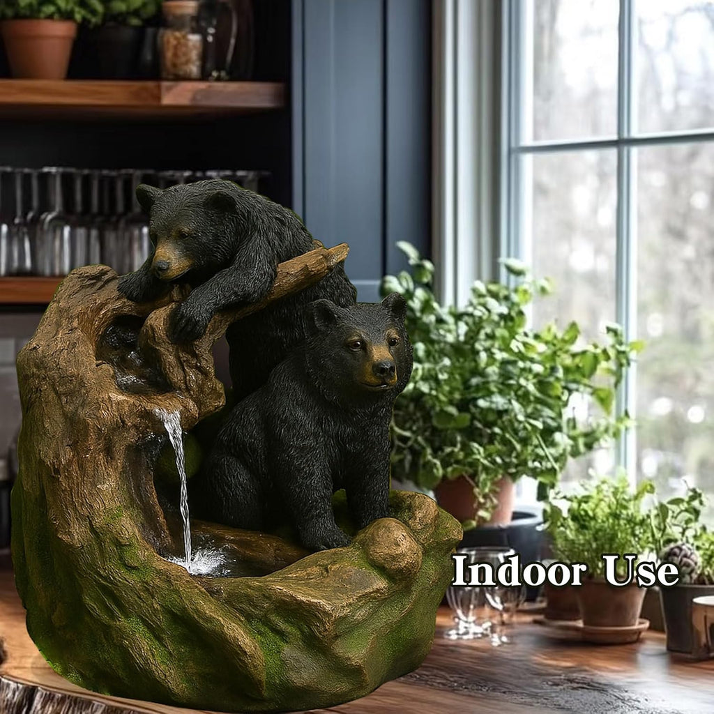 Outdoor Fountain with LED Lights – Bear Water Feature for Garden, Patio, Yard, or Porch – Durable Polyresin Animal Waterfall Decor – Rustic Brown & Black Finish
