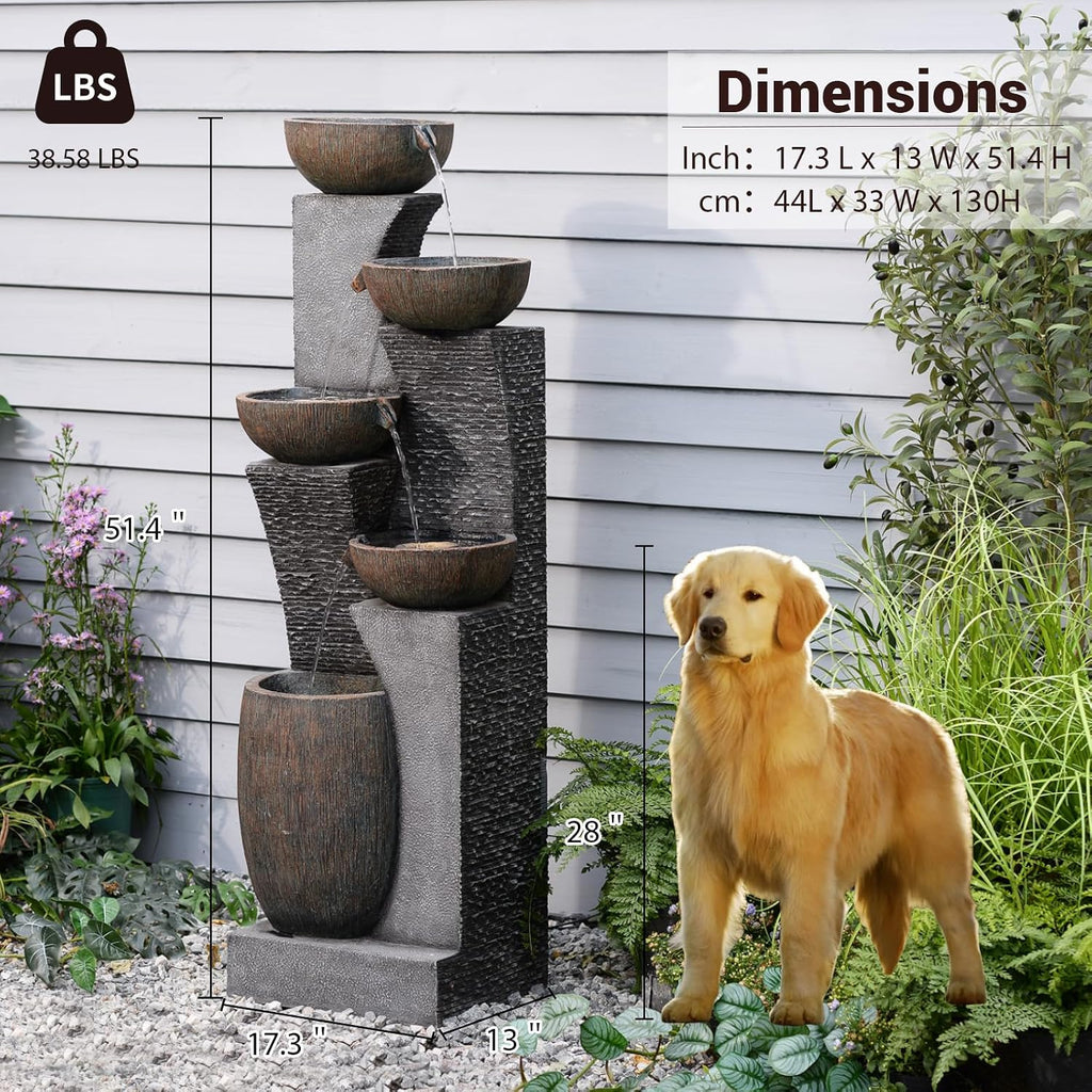 Bumilgar 51.4' H Outdoor Garden Water Fountain for Garden, Patio, Backyard, Deck, Porch and Home Art Decor, 5 Tiers Modern Cascading Large Outdoor Fountain with Lights