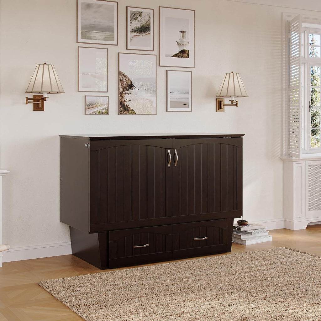 AFI, Nantucket Full Size Murphy Bed Chest with Mattress, Built-in Charging Station and Storage Drawer, Full, Espresso