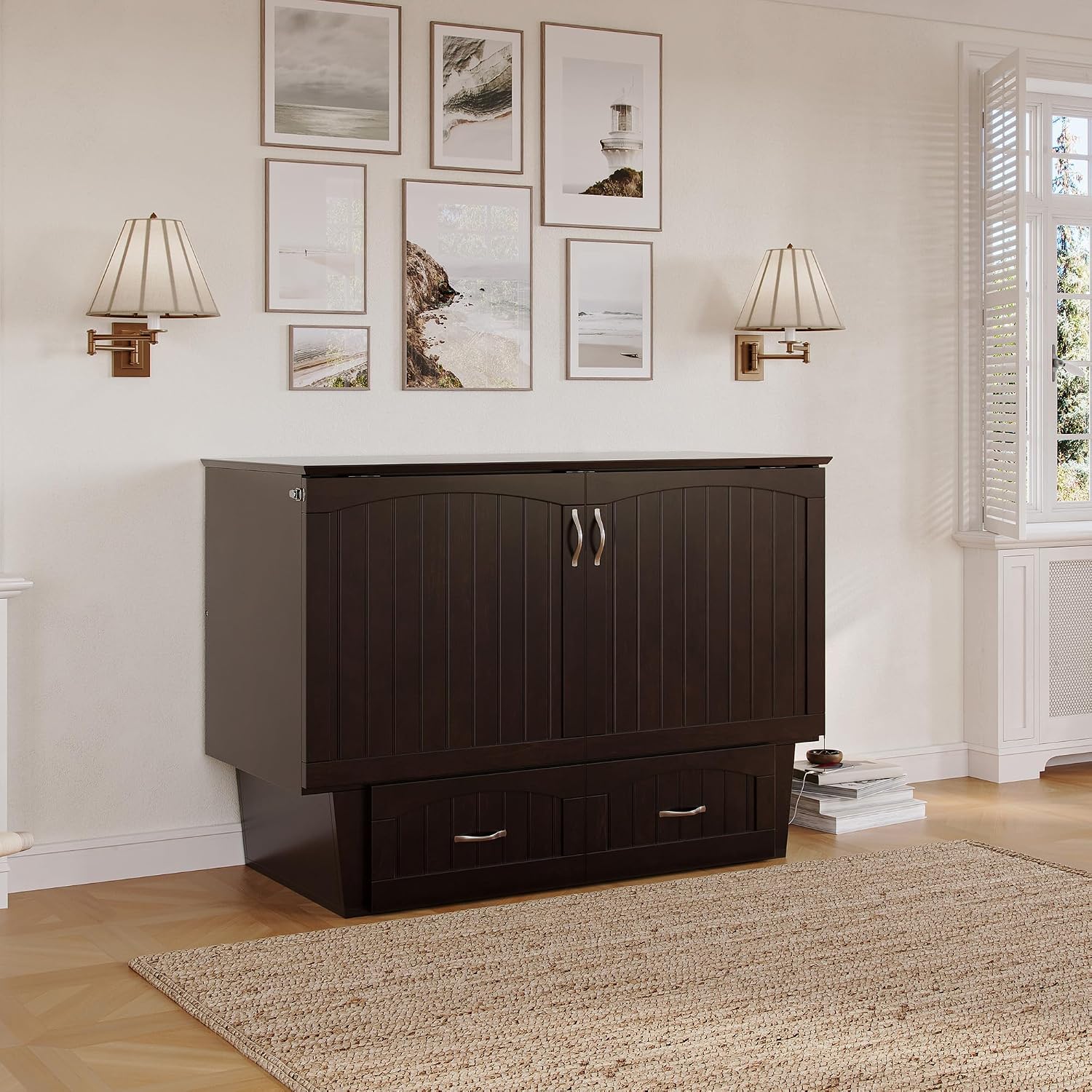 AFI, Nantucket Full Size Murphy Bed Chest with Mattress, Built-in Charging Station and Storage Drawer, Full, Espresso