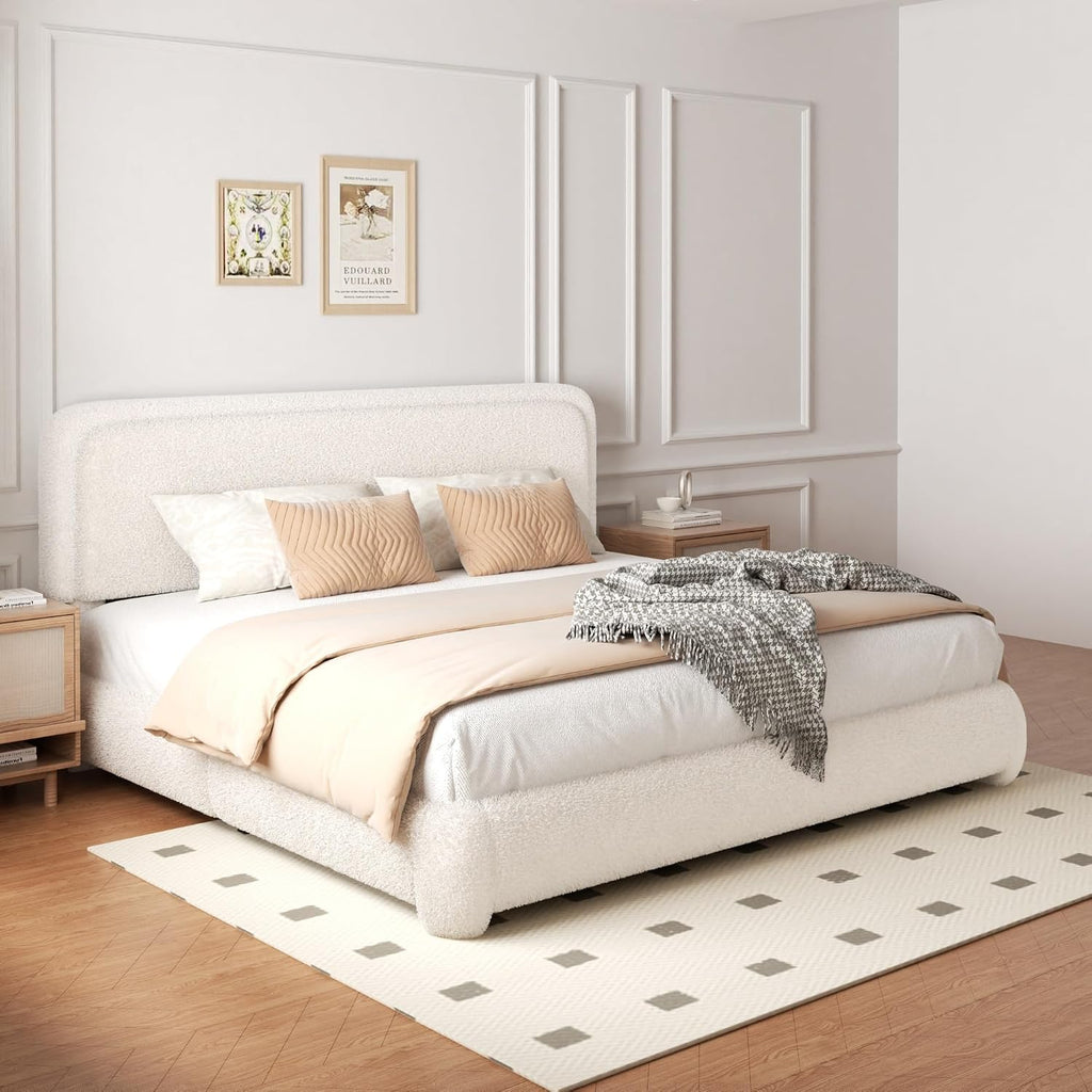 King Size Boucle Bed Frame with Adjustable Headboard, Upholstered Cloud Platform Bed, Anti-Collision Soft Rounded Corners, Noise Free, No Box Spring Needed, Easy Assembly, Beige