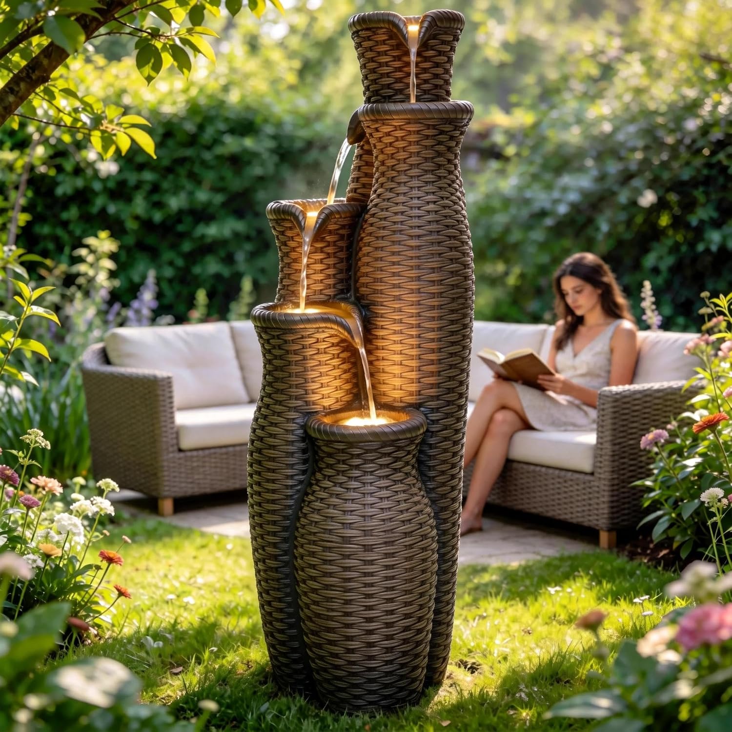 Faux Rattan Vase Water Fountain Outdoor with LED Lights, 5-Tier Polyresin Cascading Waterfall Feature, Tranquil Oasis for Garden, Patio, Yard, or Porch
