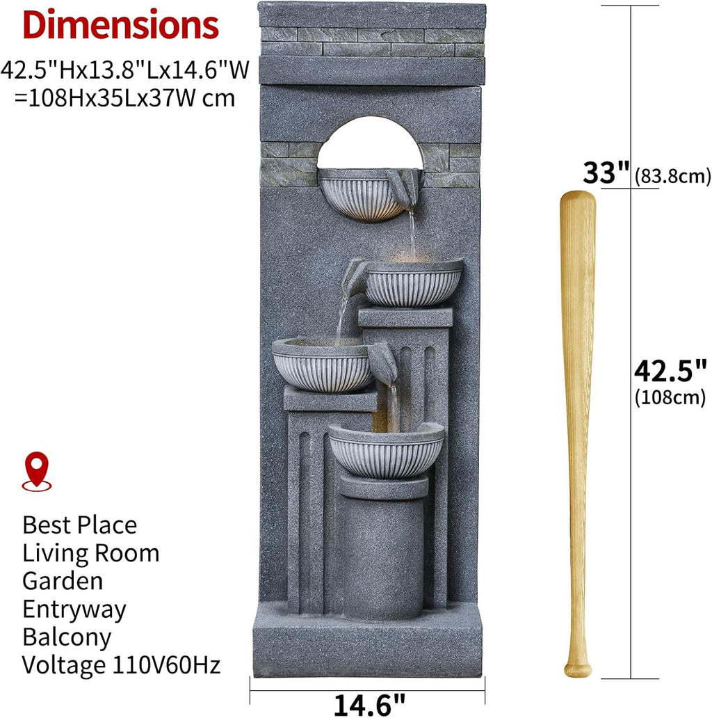 42.52' Outdoor Garden Water Fountain with Lights Floor-Standing 4 Tiers Cascading Large Waterfall Fountain for Patio, Backyard, Deck, Porch and Home Art Decor