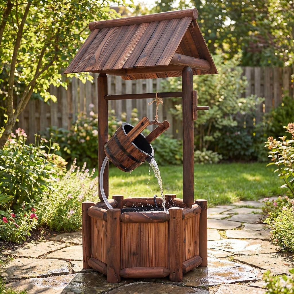 Tangkula Outdoor Wishing Well Water Fountain, Old-Fashioned Wood Waterfall Fountain w/Bucket Pump, Rustic Farmhouse Decoration for Garden, Backyard, 46 Inch Tall (20' x 23' x 46')
