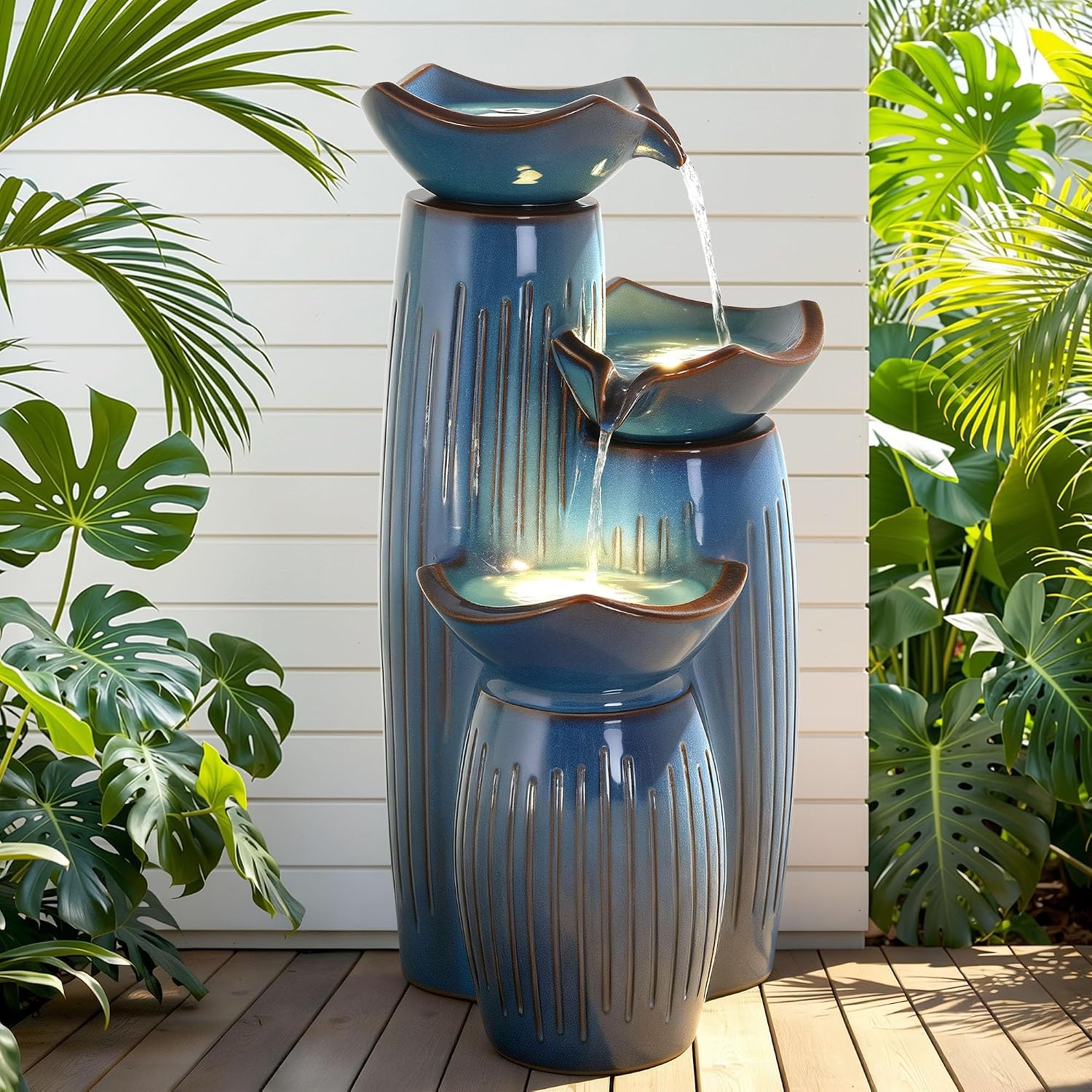 30' H Ceramic Outdoor Water Fountain with LED Lights, 3-Tier Cascading Lotus Bowls Water Feature, Tranquil Waterfall for Relaxing Garden, Patio, Yard, Turquoise, Vertical Striped Texture