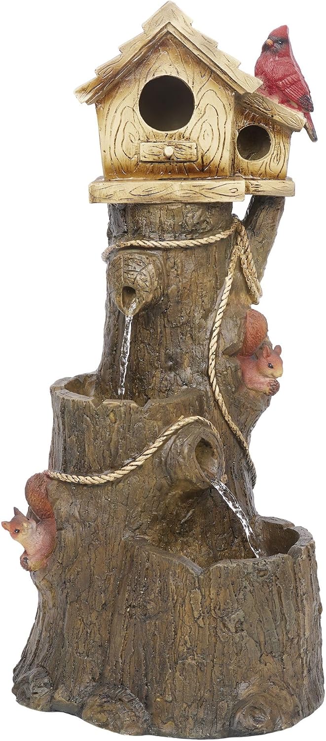 Alpine Corporation ZEN552 Outdoor Multitiered Birdhouse with Cardinal and Squirrels Water Floor Fountain for Patios, Gardens, and Yard Decor, 24' H, Brown