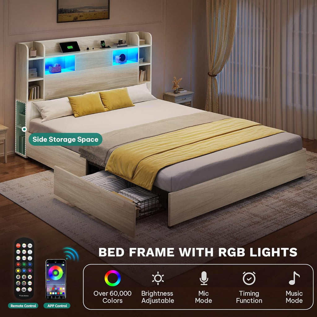 DWVO Queen Size Bed Frame with Bookcase Headboard and 4 Storage Drawers, RGB LED Bed Frame with Type-C & USB Charging Station Storage Headboard Bed, No Box Spring Needed, Noise Free, Antique White