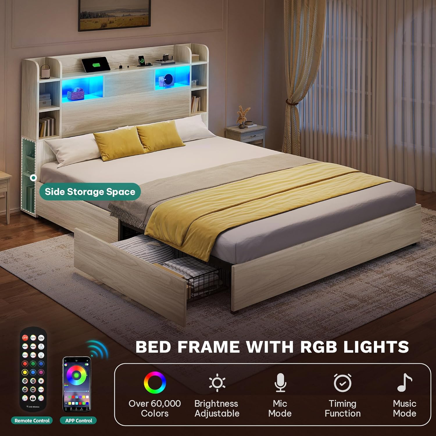 DWVO Queen Size Bed Frame with Bookcase Headboard and 4 Storage Drawers, RGB LED Bed Frame with Type-C & USB Charging Station Storage Headboard Bed, No Box Spring Needed, Noise Free, Antique White