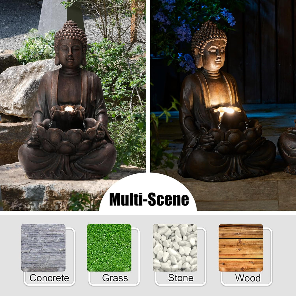 Glitzhome Zen Style Meditating Buddha Statue Fountain Polyresin Outdoor Decoration with Pump and LED Light, 23.25' H