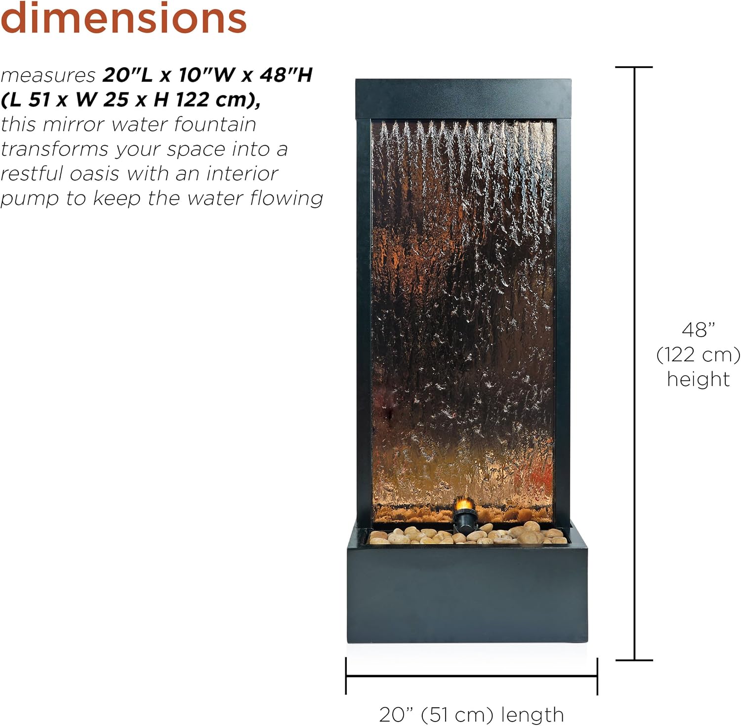 Alpine Corporation 48' Tall Indoor Modern Wall Mounted Zen Mirror Waterfall Floor Fountain with Stones and LED Lights Decor for Office, Living Room, Entryway, Bronze