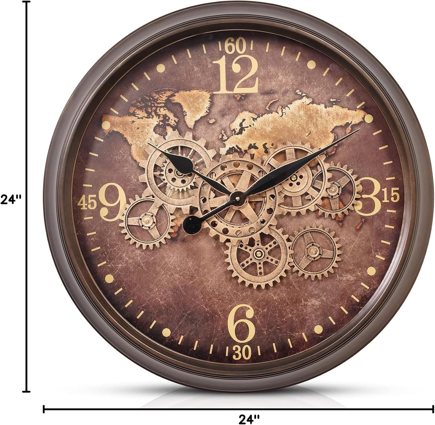 CLXEAST 24 Inch Large Wall Clock with Moving Gears, Industrial Clocks with World Map Dial, Oversized Cool Wall Clock for Living Room Decor,Oil Rubbed Bronze Brown