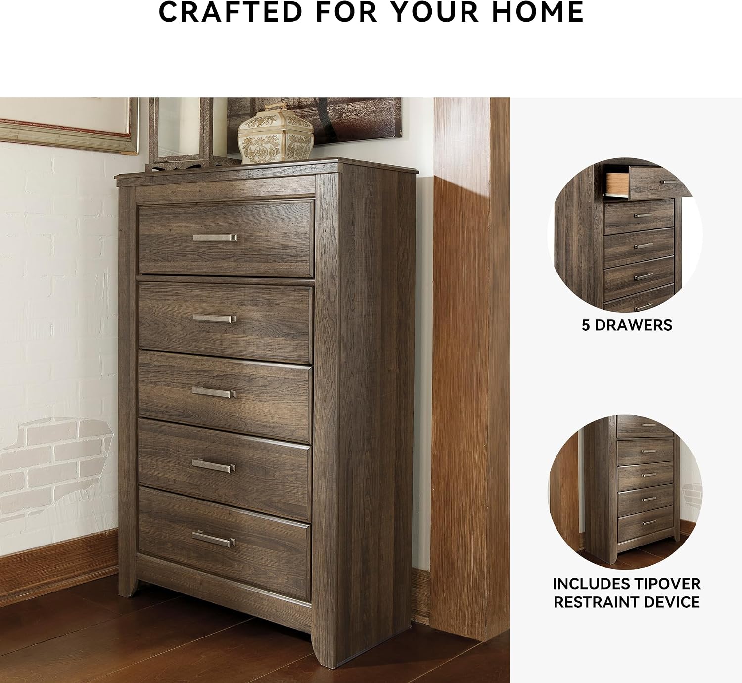 Signature Design by Ashley Juararo Rustic 5 Drawer Chest of Drawers, Aged Dark Brown
