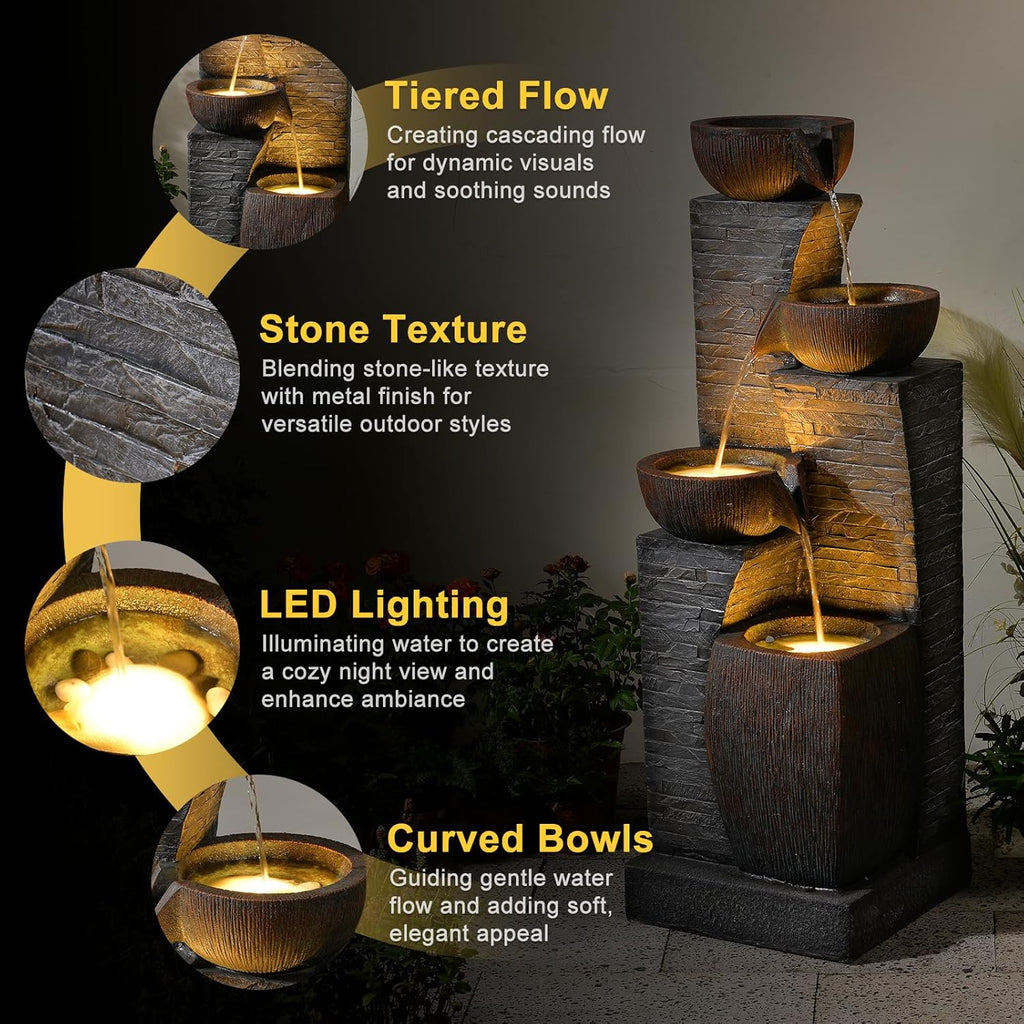 38.2' Tall Outdoor Water Fountain,Stone Texture Modern 4 Tiers Cascading Bowls Garden Fountains Outdoor,Suit for Patio, Deck, Porch, Lawns, Backyard and Home Art Decor