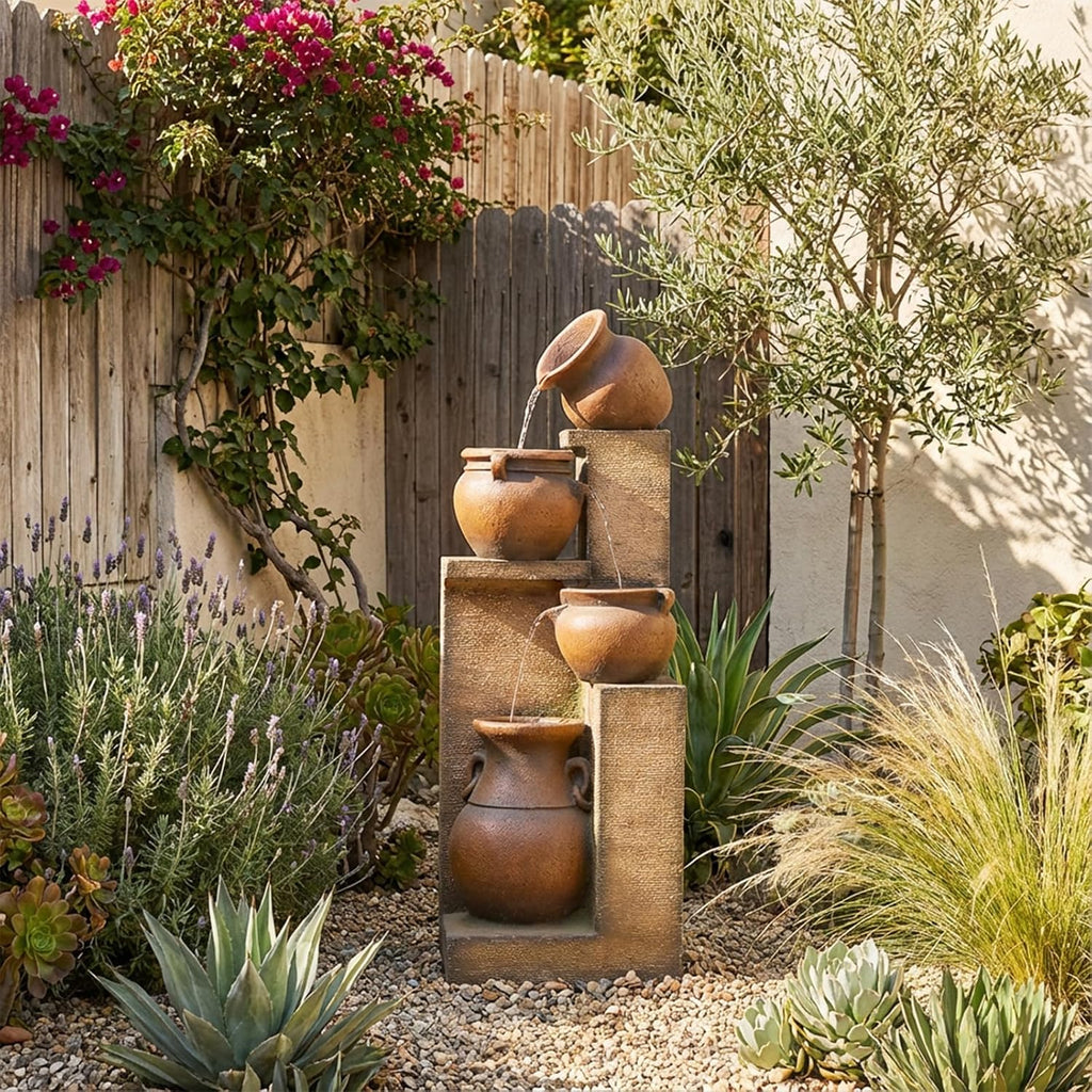 Bumilgar 53' H Patio Water Fountain - The 4 Cascading Modern Feature Crocks Garden Fountains and Waterfalls with Warm Lights for Porch, Deck, Patio, Backyard Home Décor (Gold)