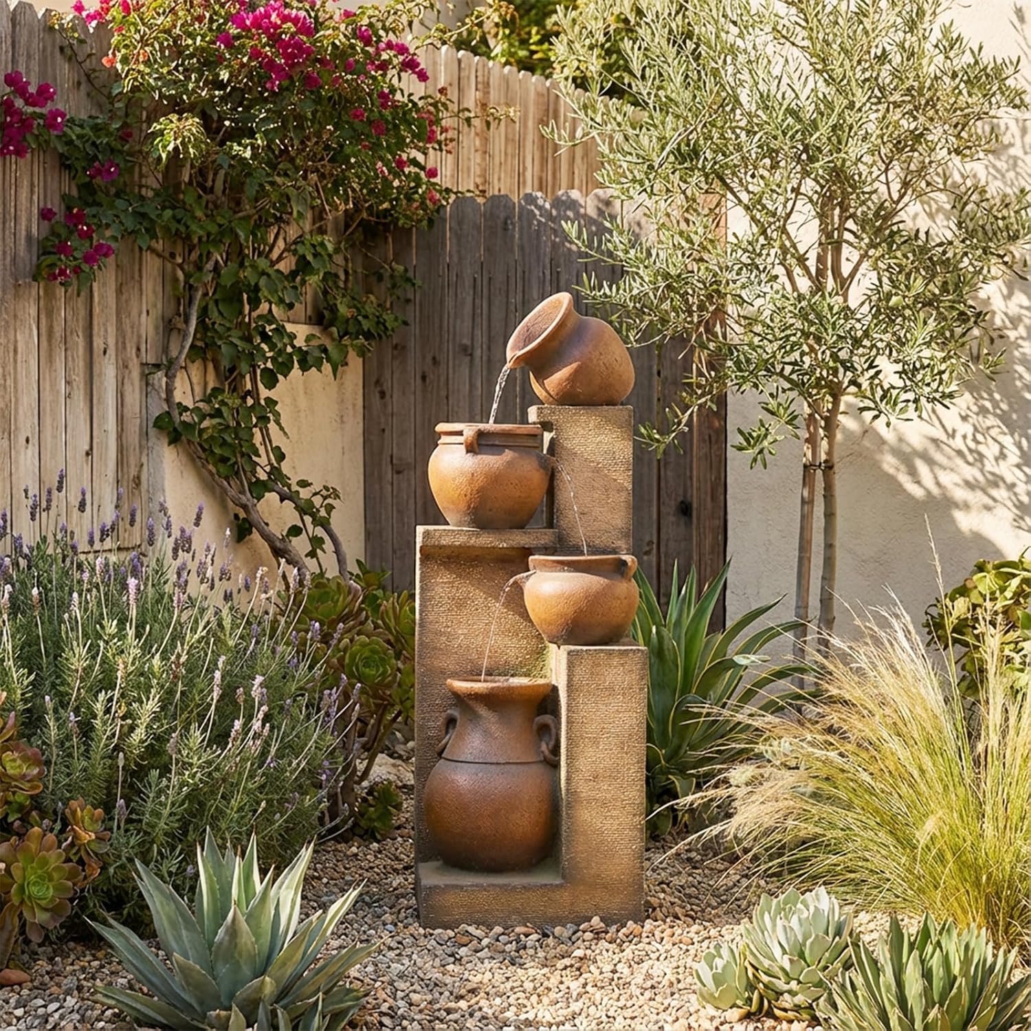 Bumilgar 53' H Patio Water Fountain - The 4 Cascading Modern Feature Crocks Garden Fountains and Waterfalls with Warm Lights for Porch, Deck, Patio, Backyard Home Décor (Gold)