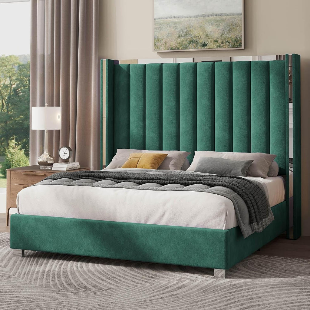 Jocisland Bed Frame with 58' Tall Headboard, Platform Velvet Upholstered Bed with Channel Tufted Wingback Headboard and Plating Trim, No Box Spring Needed, Green, Queen