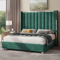 Jocisland Bed Frame with 58' Tall Headboard, Platform Velvet Upholstered Bed with Channel Tufted Wingback Headboard and Plating Trim, No Box Spring Needed, Green, Queen