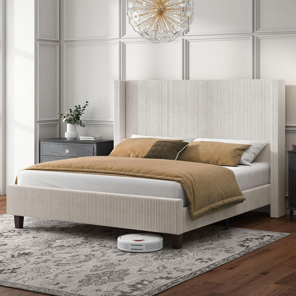 HOWE Queen Size Bed Frame with 50.8' Tall Wingback Headboard, Modern Corduroy Upholstered Platform Bed Frame with Solid Wood Slats & Legs, No Box Spring Needed, Noise-Reducing Design, Cream