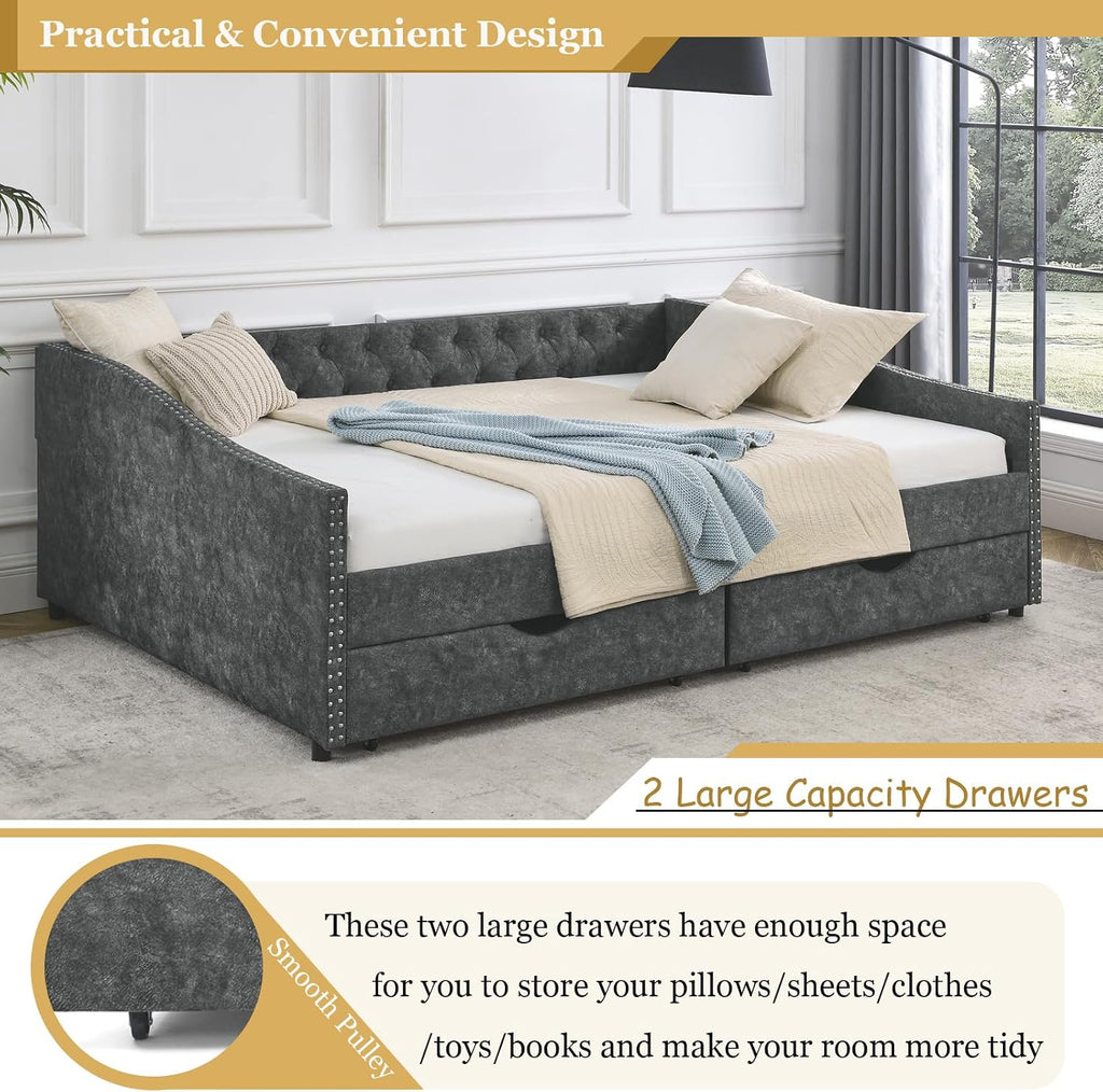 Wood Queen Size Daybed, Day Bed Frame with 2 Storage Drawers, Upholstered Bed Frame Queen Sofa Bed with Button and Nailhead Design for Bedroom Guest Room, No Box Spring Needed, Grey