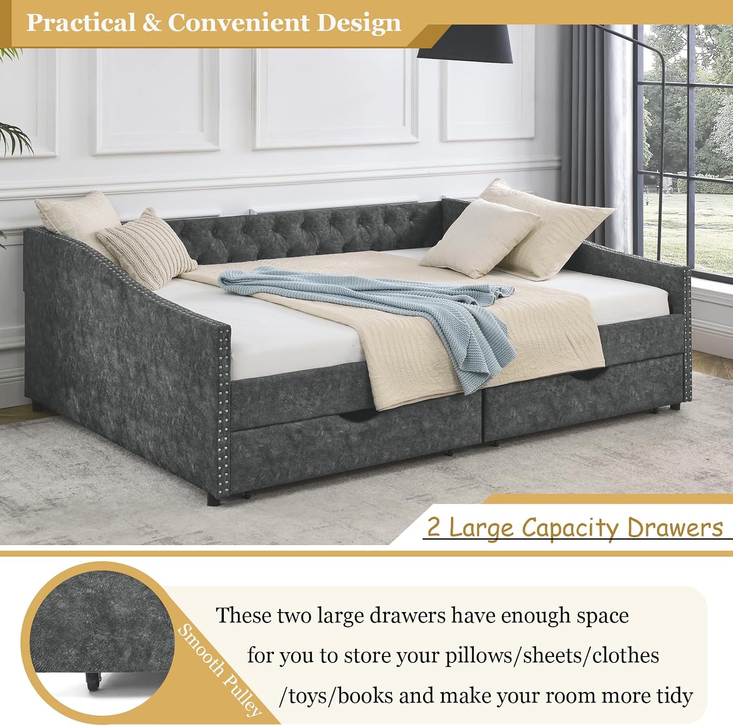 Wood Queen Size Daybed, Day Bed Frame with 2 Storage Drawers, Upholstered Bed Frame Queen Sofa Bed with Button and Nailhead Design for Bedroom Guest Room, No Box Spring Needed, Grey