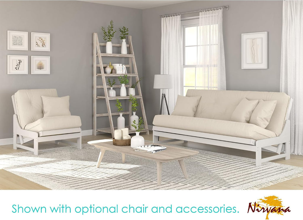 Nirvana Futons Arden White Futon Set Queen Size - Armless Futon Frame with Mattress Included (Twill Ivory), Space Saving Modern Sofa Bed Sleeper