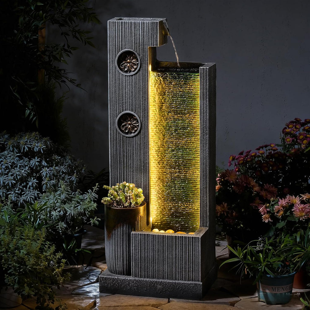37'' Tall Waterfall Fountain Indoor Modern Outdoor Water Fountains with LED Light,Vertical Striped Texture Floor Standing Water Feature for Patio, Yard, Garden or Home Decor