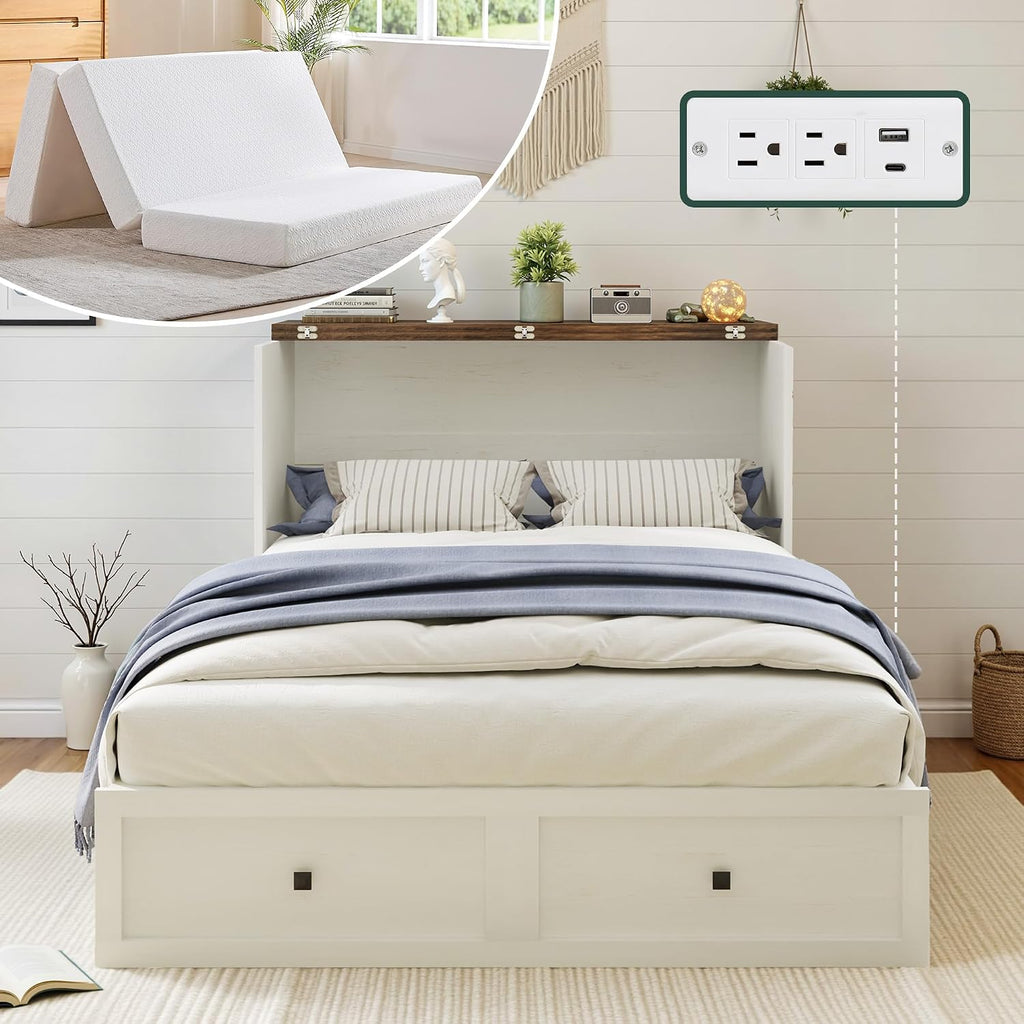 LUXOAK Full Murphy Bed with 6' Tri-Fold Memory Foam Mattress, Storage Drawer & Charging Station, Space-Saving Design for Home Office or Guest Room, White