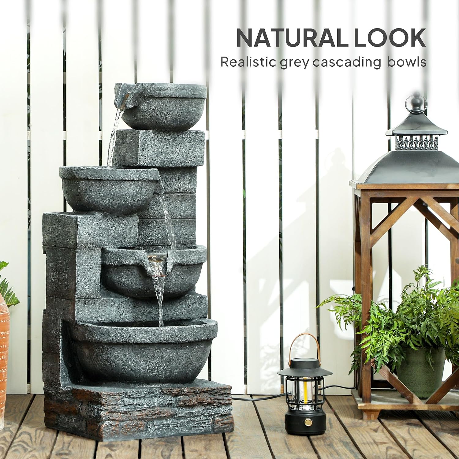 Outsunny 30' Tall Outdoor Waterfall Fountain with LED Lights, 4-Tier Resin Cascading Water Bowls with Pump, Gray
