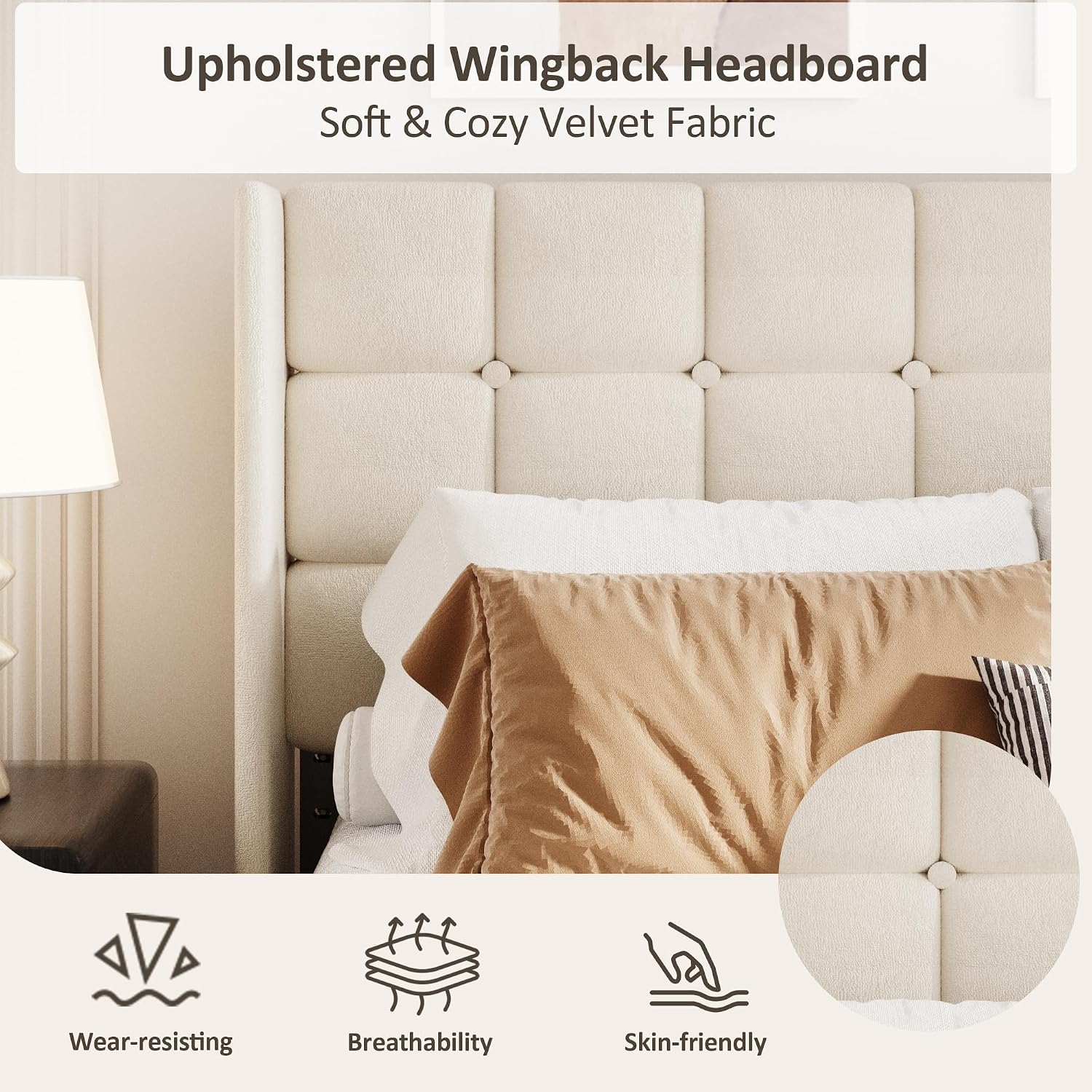 Full Size Bed Frame with Wingback Headboard, Velvet Upholstered Platform Bed Frame with Button Tufted Headboard, Wooden Slats Support, No Box Spring Needed, Noise Free, Easy Assembly, Beige