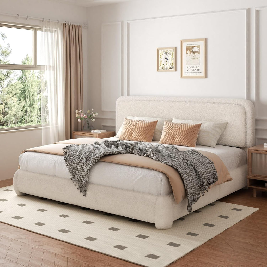 Queen Size Boucle Bed Frame with Adjustable Headboard, Upholstered Cloud Platform Bed, Anti-Collision Soft Rounded Corners, No Box Spring Needed, Easy Assembly, Noise Free, Beige