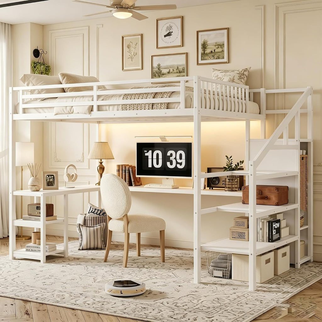 Queen Size Loft Bed with Stairs and Desk, Gaming Loft Beds with RGB LED Light and Storage Shelf, Heavy-duty Metal Loft Bed Frame with Wardrobe, Charging Station for Adults Kids Teens, White