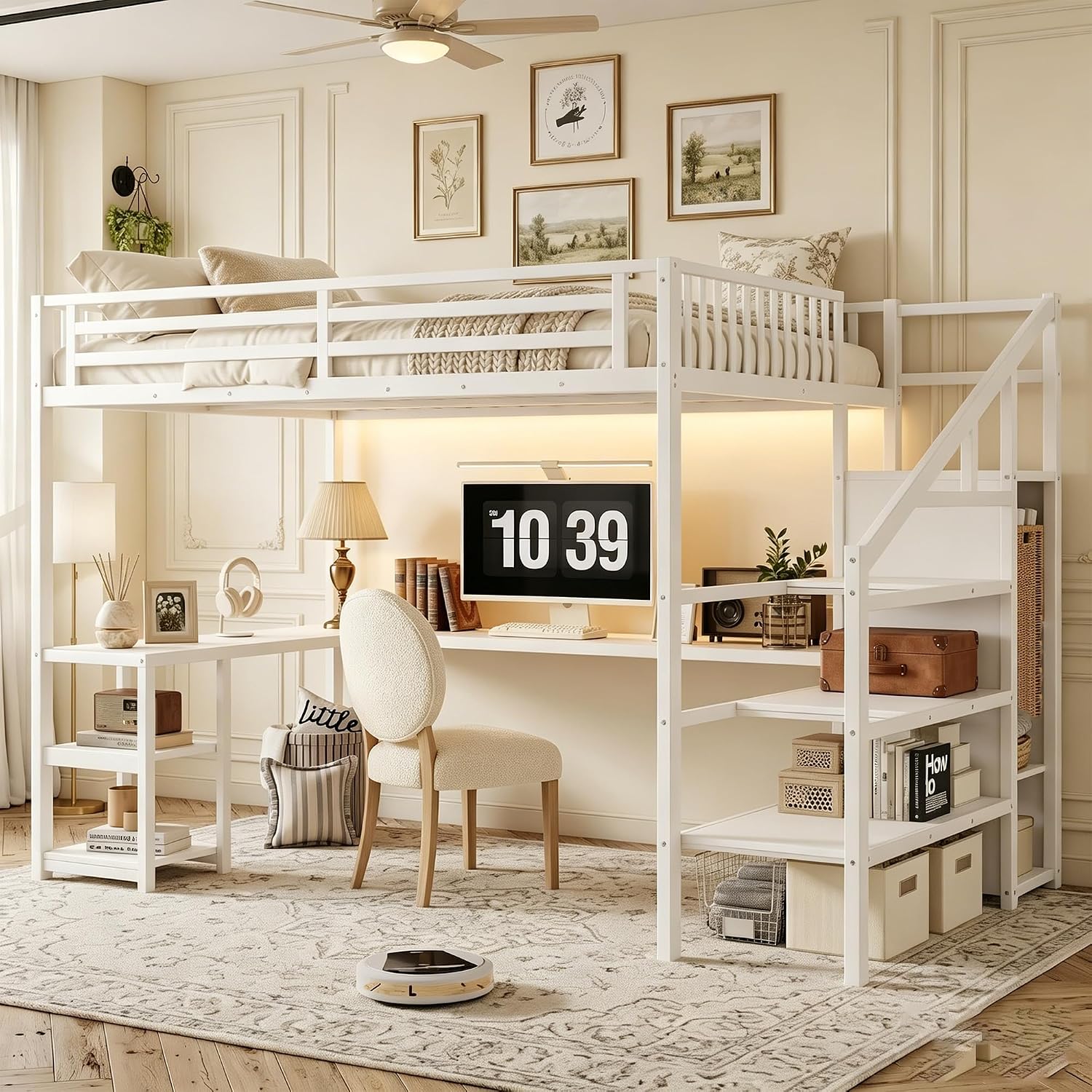 Queen Size Loft Bed with Stairs and Desk, Gaming Loft Beds with RGB LED Light and Storage Shelf, Heavy-duty Metal Loft Bed Frame with Wardrobe, Charging Station for Adults Kids Teens, White
