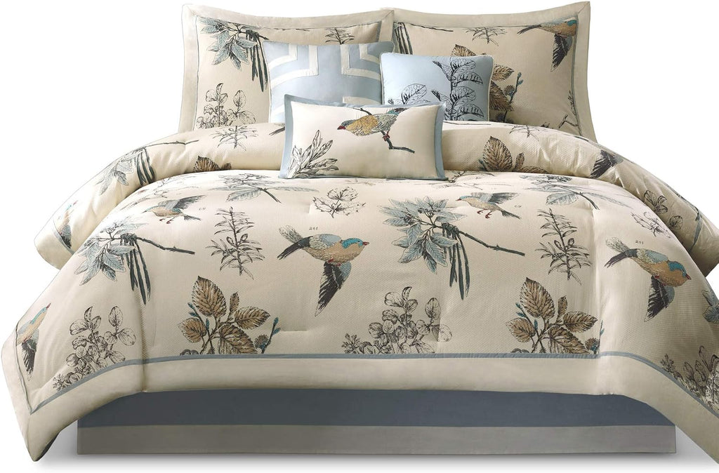 Madison Park Quincy Cozy Comforter Nature Scenery Design - All Season Bedding, Matching Bed Skirt, Decorative Pillows, Quincy, Leaf & Bird Khaki King(104'x92') 7 Piece